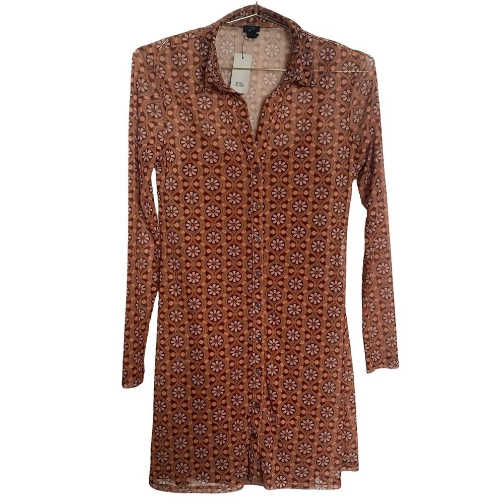 New River Island Mesh Mini Shirt Dress Brown
